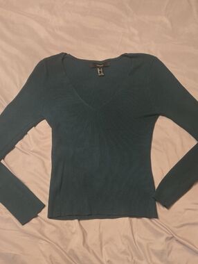 Forever 21 Teal Ribbed V-Neck Sweater